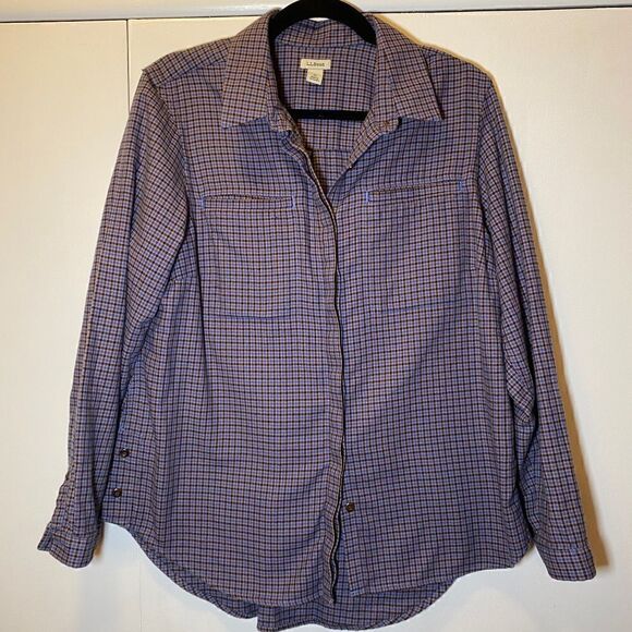L.L. BEAN Long Sleeve Button-Up Flannel Wicked Good Top Nutmeg Blue Women’s MP - Picture 2 of 7